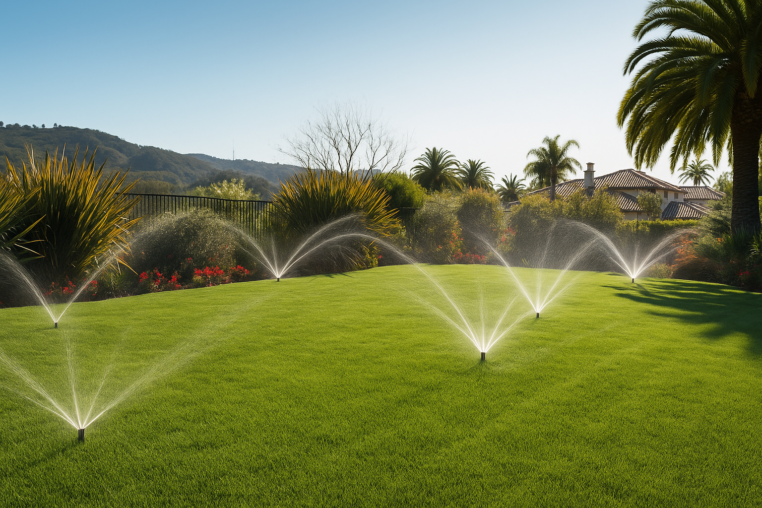 Eine Rasensprinkleranlage bewässert den Rasen