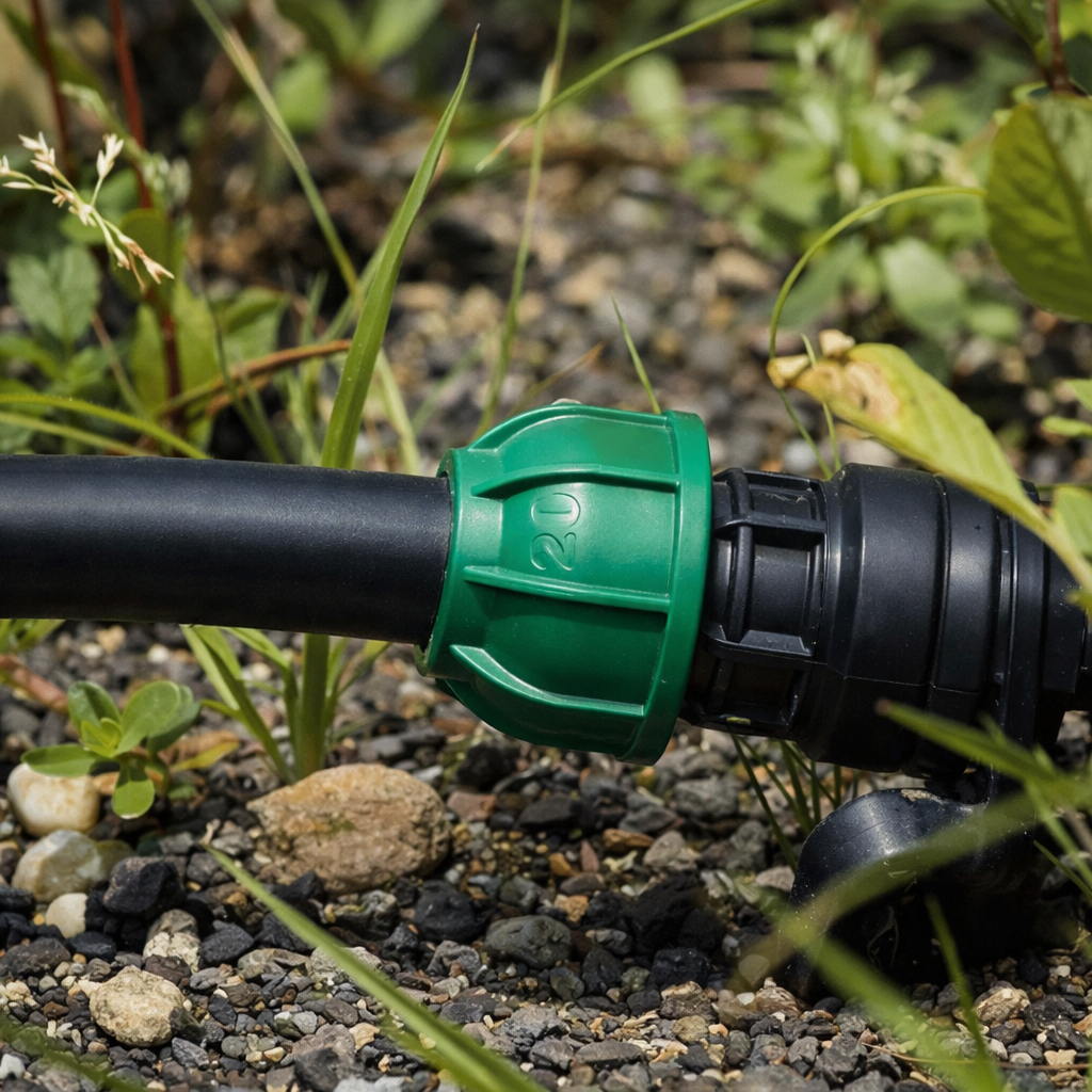 PE-Bewässerungsrohr mit grüner PE-Rohr Verbindung als Verbindung im Gartenbewässerungssystem