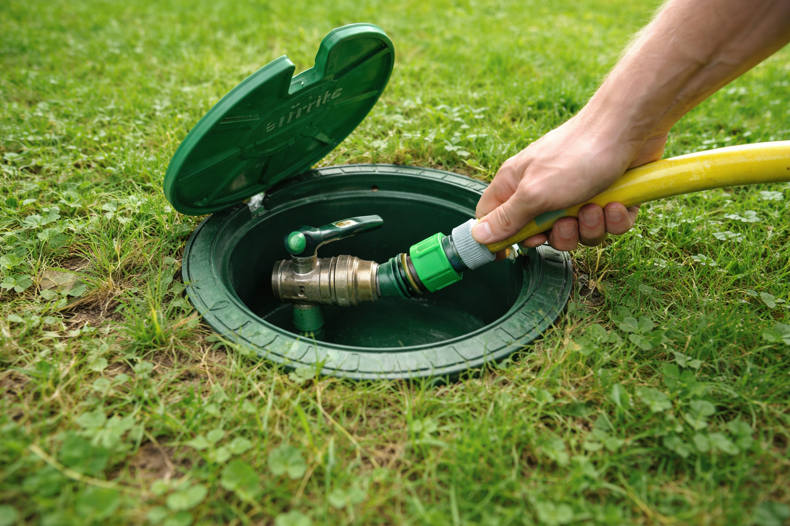Unterirdische Irritec Wassersteckdose mit Schlauchanschluss im Garten